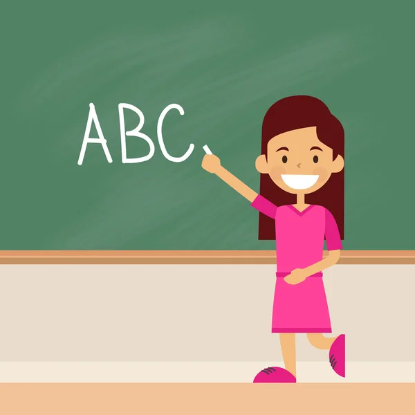 School Girl Write On Green Board Letters Alphabet — Stock vektor
