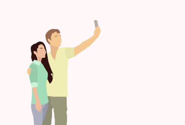 Silhouette Couple Colorful Man Woman Taking Selfie Photo On Smart Phone
