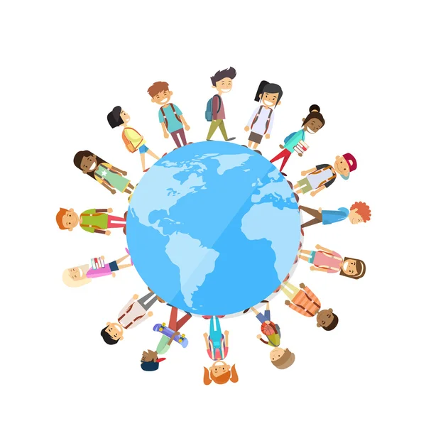 Groupe d'enfants debout autour du globe Unité mondiale — Image vectorielle