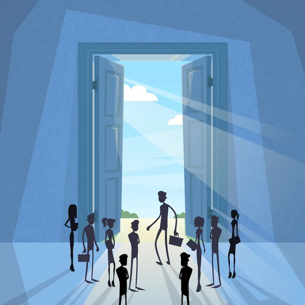 Business People Group Black Silhouette Standing at Door Entrance — Stockvector