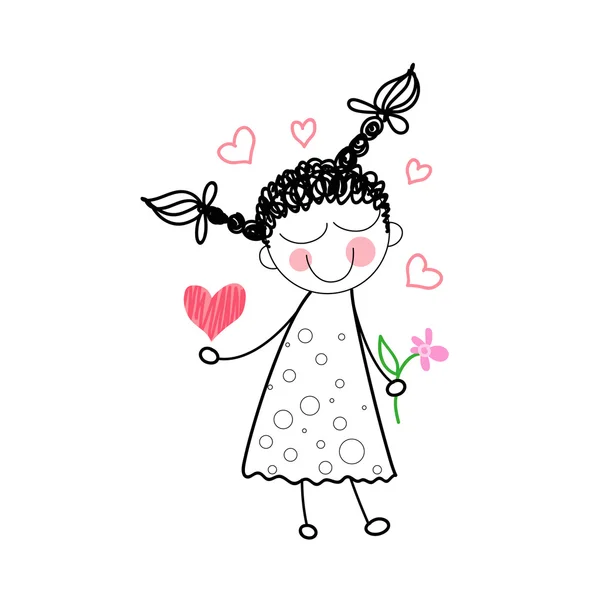 Girl Holding Flower Red Heart Shape Love Drawing Simple Line — Stok Vektör