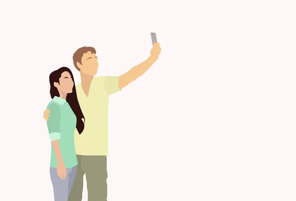 Silhouette Couple Colorful Man Woman Taking Selfie Photo On Smart Phone — Wektor stockowy