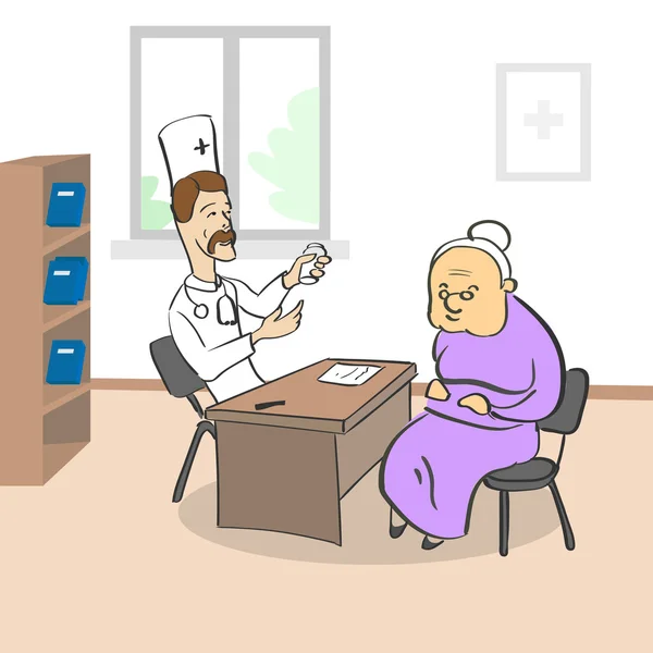 Anciana visitando al doctor sentado en el consultorio médico — Archivo Imágenes Vectoriales