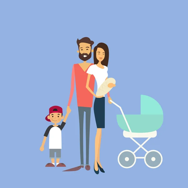 Šťastná rodina, rodiče pár se dvěma dětmi, novorozence — Stockový vektor