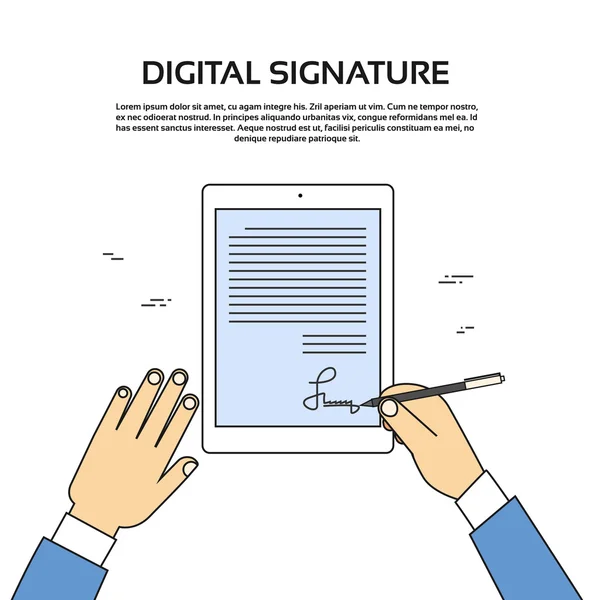 Digitale Signatur Tablet-Computer Geschäftsmann Hände unterzeichnen — Stockvektor