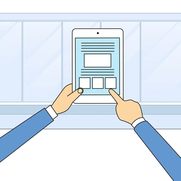 Χέρια που κρατούν την σύγχρονη τεχνολογία οθόνης αφής υπολογιστή Tablet — Διανυσματικό Αρχείο