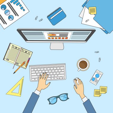 Businessman Workplace Desk Hands Working Laptop Business Man Top Angle Above View Office