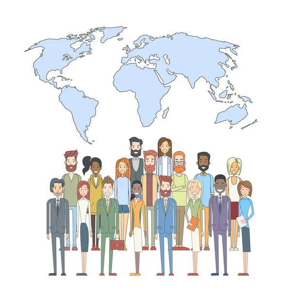 People Group Over World Map International Unity Social Communication Concept — Stock Vector