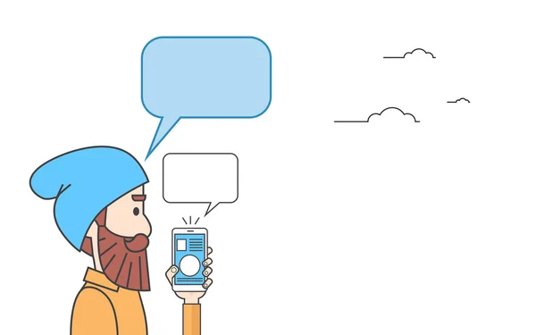 Homem Hipster Telefone Inteligente Chat Bolha Rede Social Comunicação — Vetor de Stock