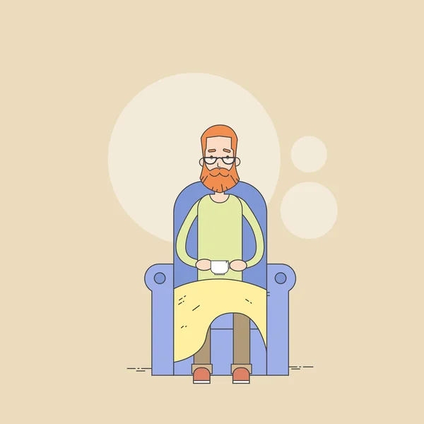 Homme barbe assis dans le fauteuil tenant tasse thé confort maison mince ligne — Image vectorielle