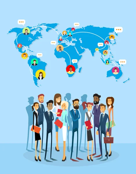 Wereld van het Concept van de communicatie bedrijfsgroep mensen sociaal netwerk kaart naaiatelier — Stockvector