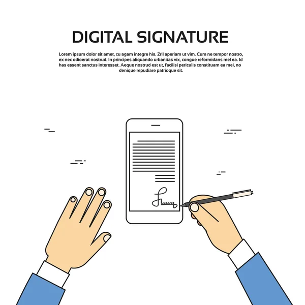 Digital Signature Smart Cell Phone Businessman Hands Sign Up — Stock Vector