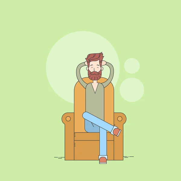 Hombre barba sentado en sillón relajante comodidad casa delgada línea — Vector de stock