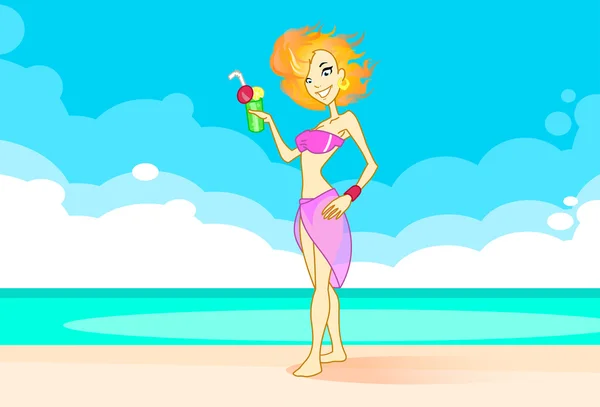 Soleil été fille feu tête sur la plage avec cocktail personnage de bande dessinée — Image vectorielle