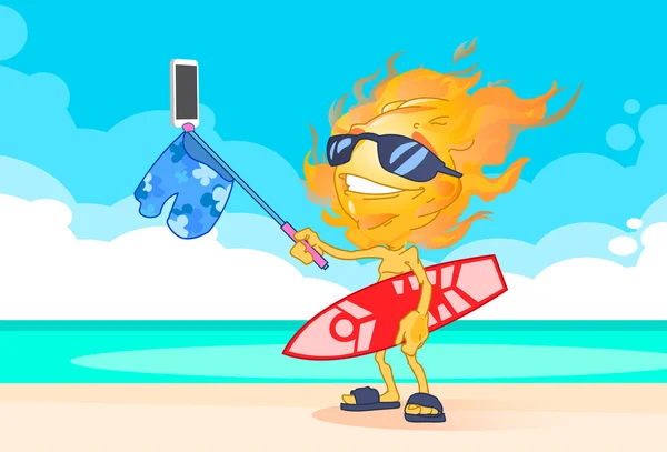 Güneş yaz çocuk yangın kafayı Selfie akıllı telefon sopa alarak sörf tahtası kumsalda tut. — Stok Vektör