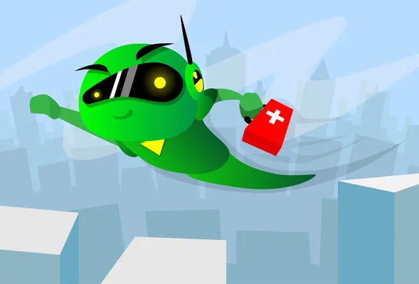 Modern Robot Fly First Medical Aid Medicine Ayuda a reparar el pecho — Vector de stock