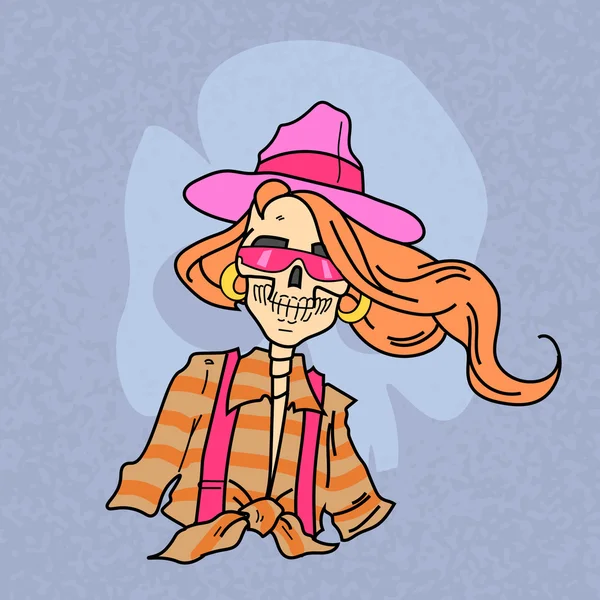 Skeleton Hipster Girl Fashionable Retro Style — Stock Vector