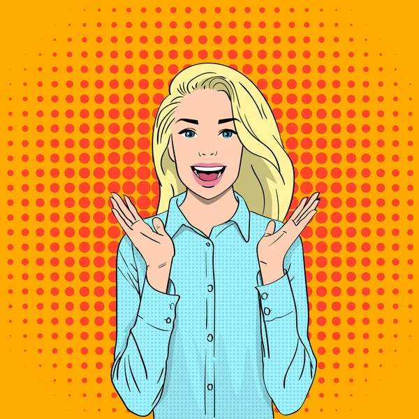 Pretty Excited Surprised Blonde Woman Happy Smile Pop Art Colorful Retro Style - Stok Vektor