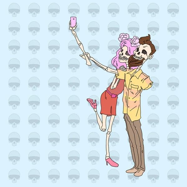 Esqueleto Hipster casal tomando Selfie — Vetor de Stock