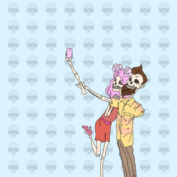 Esqueleto Hipster casal tomando Selfie — Vetor de Stock