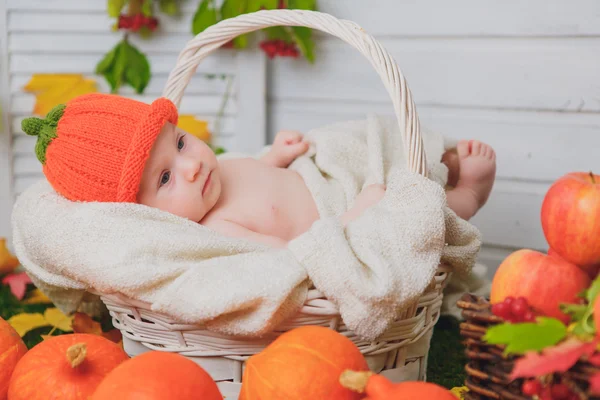 カボチャとバスケットの赤ちゃん。秋 — ストック写真