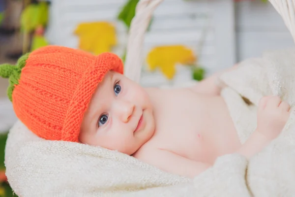 Bambino nel cesto con le zucche. autunno — Foto Stock