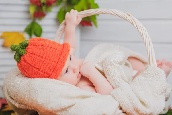 Bambino nel cesto con le zucche. autunno — Foto Stock