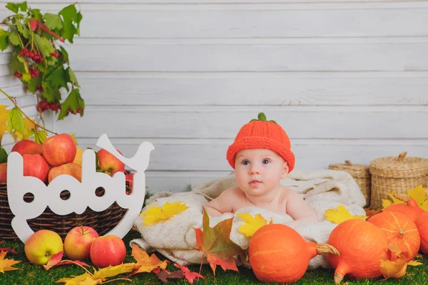 Bebé en la cesta con calabazas. otoño —  Fotos de Stock