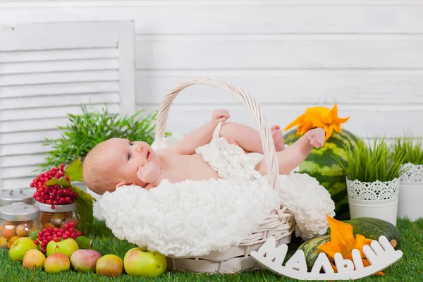 Neonato in cesto con frutta e verdura — Foto Stock