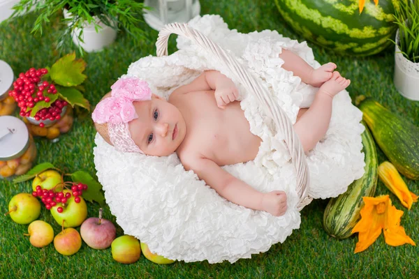 新生儿在篮子里的水果和蔬菜 — 图库照片