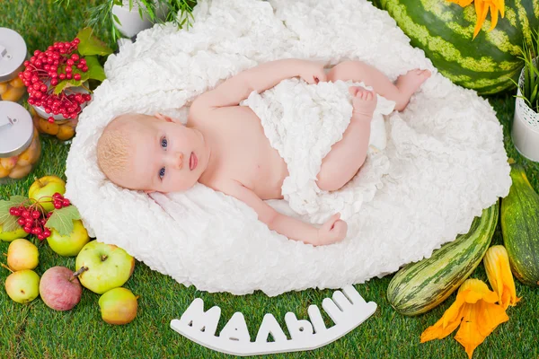 Neonato in cesto con frutta e verdura — Foto Stock