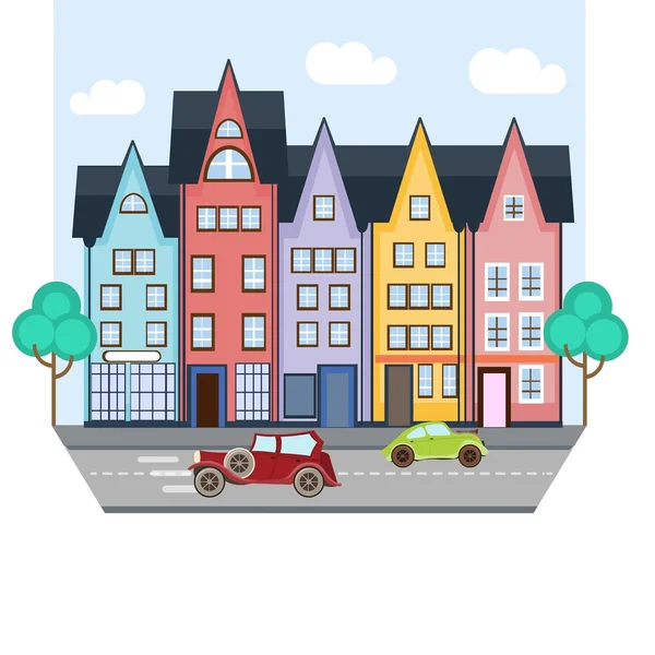 City street with colorful houses and two cars — Stock Vector