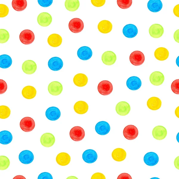 Watercolor seamless pattern of blue, yellow, green and red circles randomly distributed — Stock Photo, Image