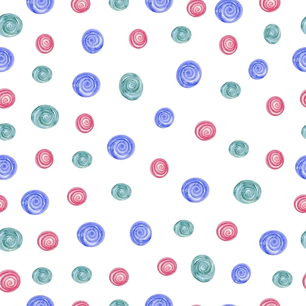 Watercolor seamless pattern of blue, green and red circles randomly distributed — Stock Photo, Image