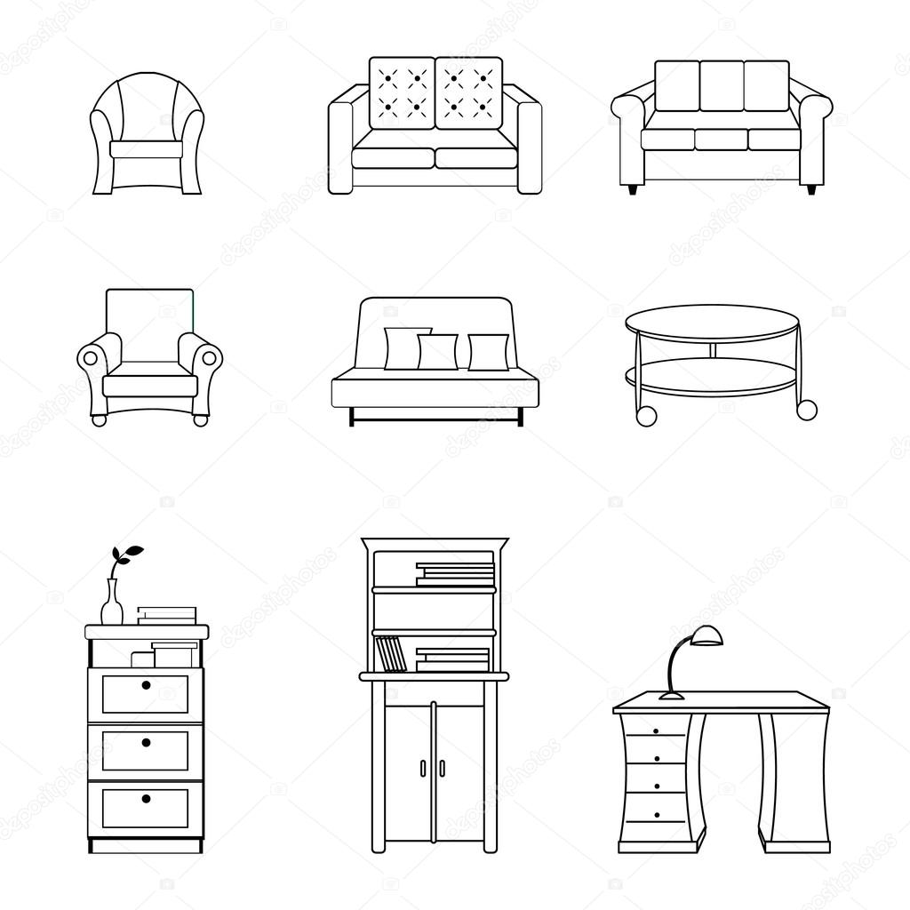 Vector illustration of black line furnitures for interiors, living rooms.