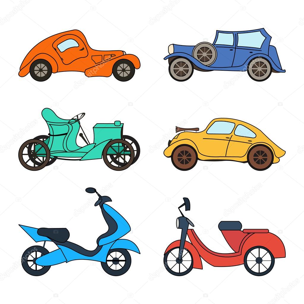 Vector set of four retro cars and two scooters