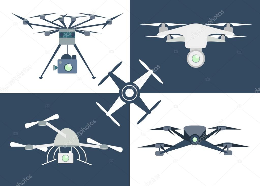 Flying drone flat icons. Set of aerial drone footage icons. Remote aerial quadrocopters with a camera. Flat design. Isolated