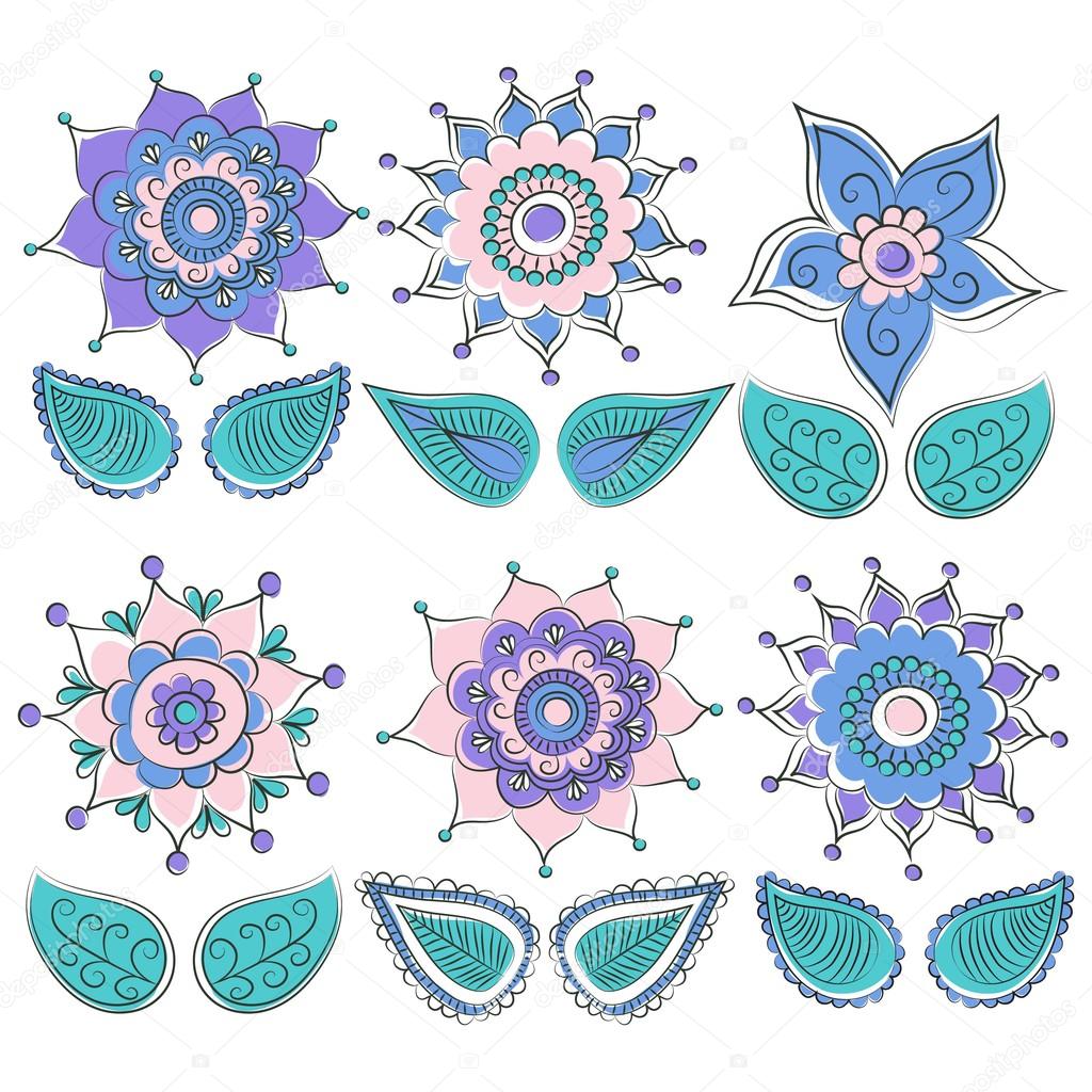 Set di fiori colorati disegnati a mano e foglie su fondo bianco — Vettoriale Stock