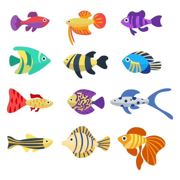 Conjunto de peces de acuario. Lindo dibujo animado colorido peces diferentes — Vector de stock