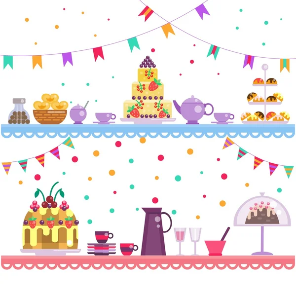 Birthday party. Cake and drinks, sweets and dessert, teapot and cups on the table — Stock Vector