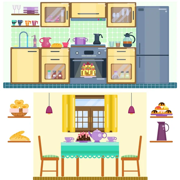 Conjunto de cocina y comedor interior con utensilios, electrodomésticos y muebles — Vector de stock