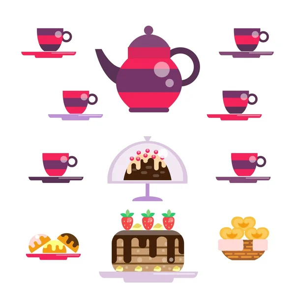 Tea set and sweets vector illustration in flat style — Stock Vector