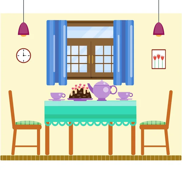 Dining room interior with utensils and furniture — Stock Vector