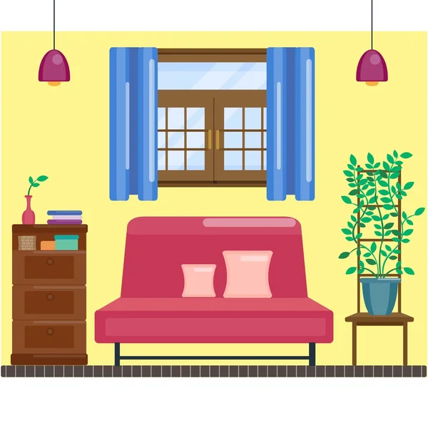 Salón interior con ventana y cortina — Vector de stock