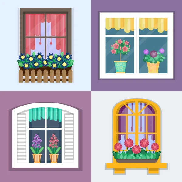 Vector illustration of windows set with plants in flower pots — Stock Vector