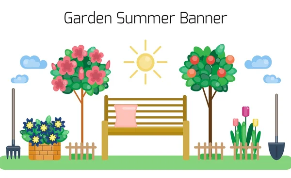庭の夏バナー。庭のベンチ — ストックベクタ