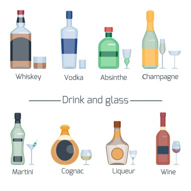 Farklı alkollü içecekler ve beyaz arka plan üzerinde izole gözlük