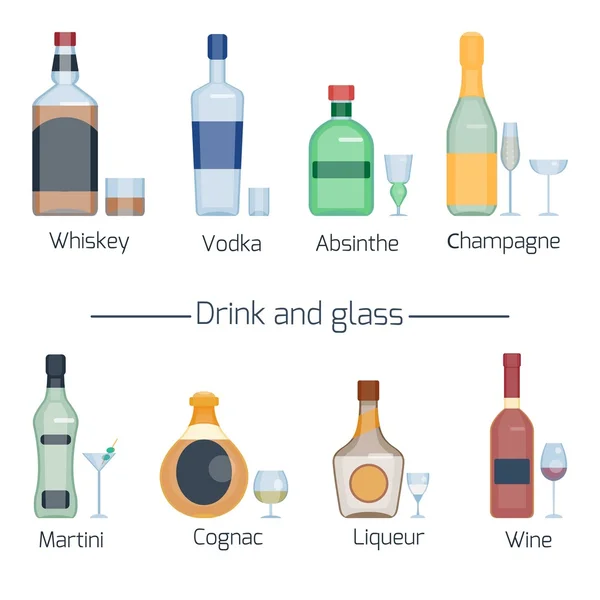 Conjunto de diferentes bebidas alcoólicas e copos isolados sobre fundo branco —  Vetores de Stock