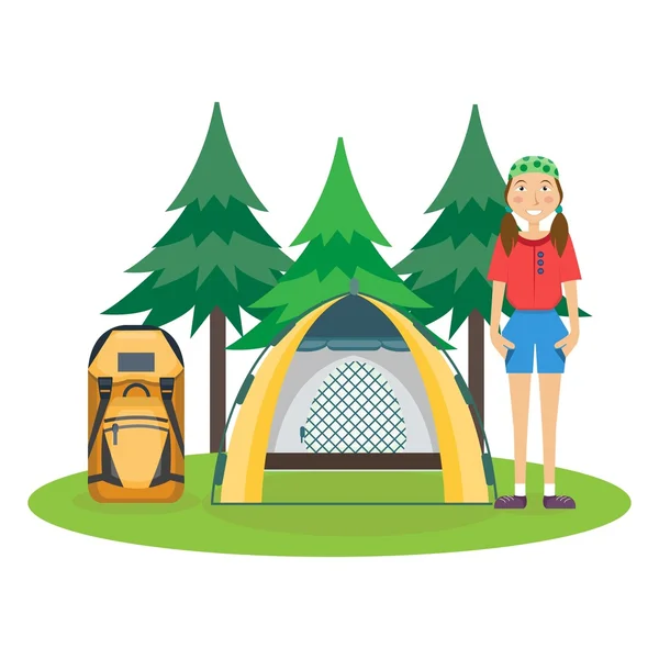 旅行ハイキングの概念。森の休日組成 — ストックベクタ