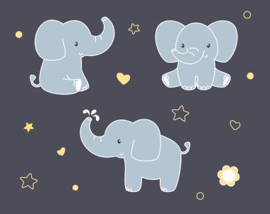 Bebek fil tasarımı. Farklı pozlar. Siluet vektör düz çizim. Dosya kesiliyor. Yazılım kesmek için uygun. Cricut, Siluet